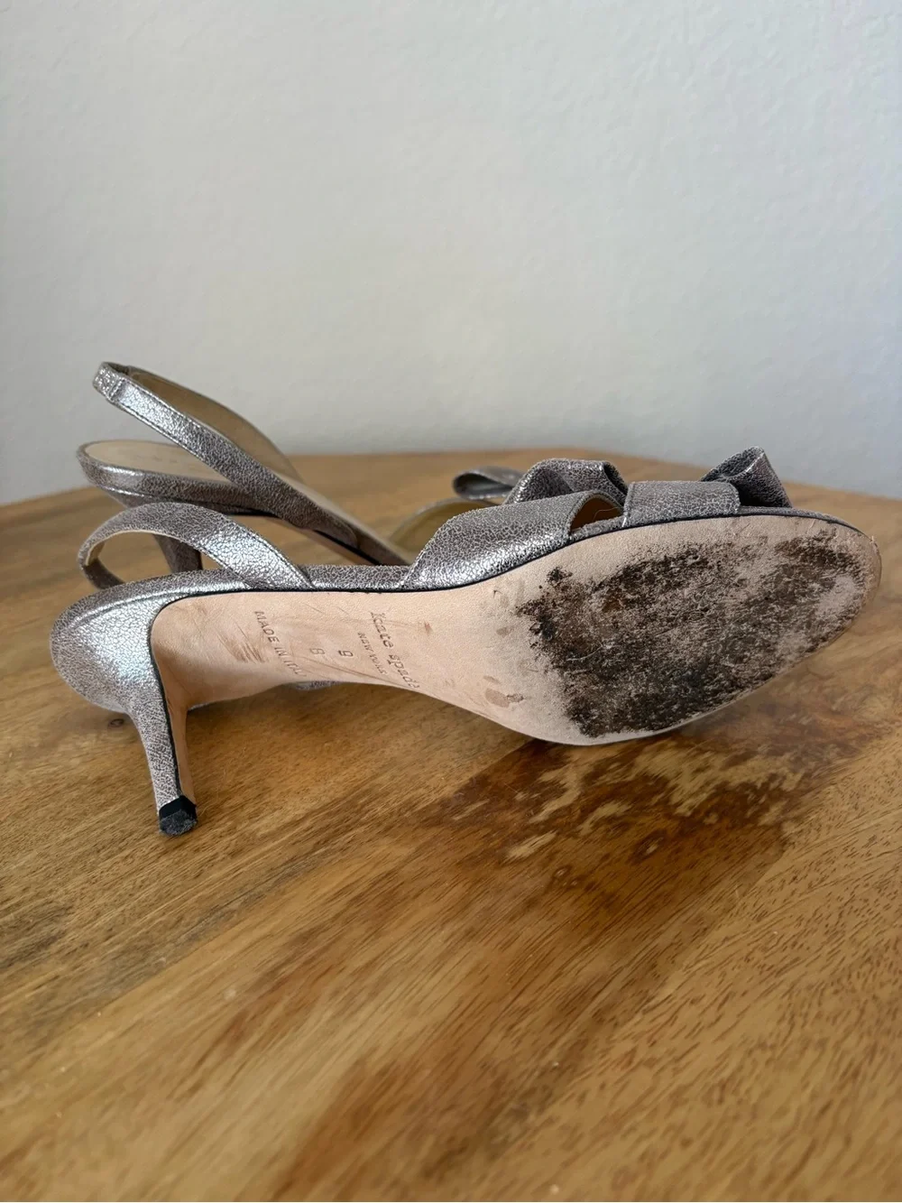 kate spade Metallic Silver Bow Slingback Kitten Heels